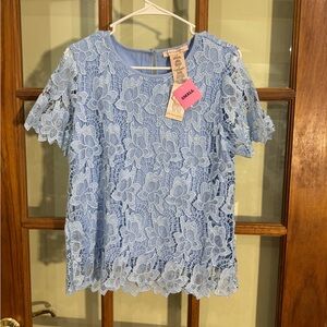 Philosophy Classic Floral Lace Lined Blouse Womens Size Small Short Sleeve Blue